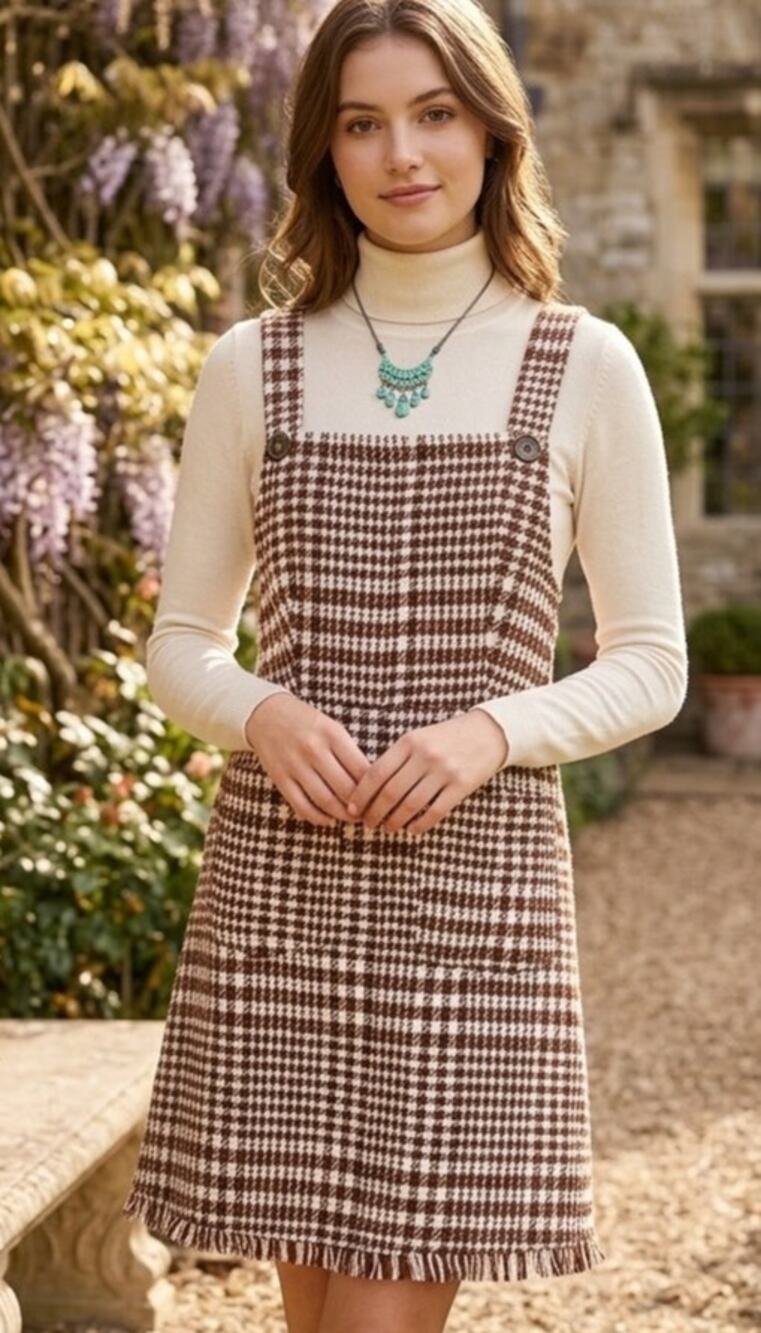 Adorable Bohme Plaid Tweed Jumper Dress with Fringe Hem